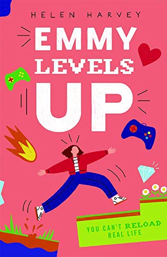Book cover for Emmy Levels Up featuring a girl jumping, gaming icons, and text.