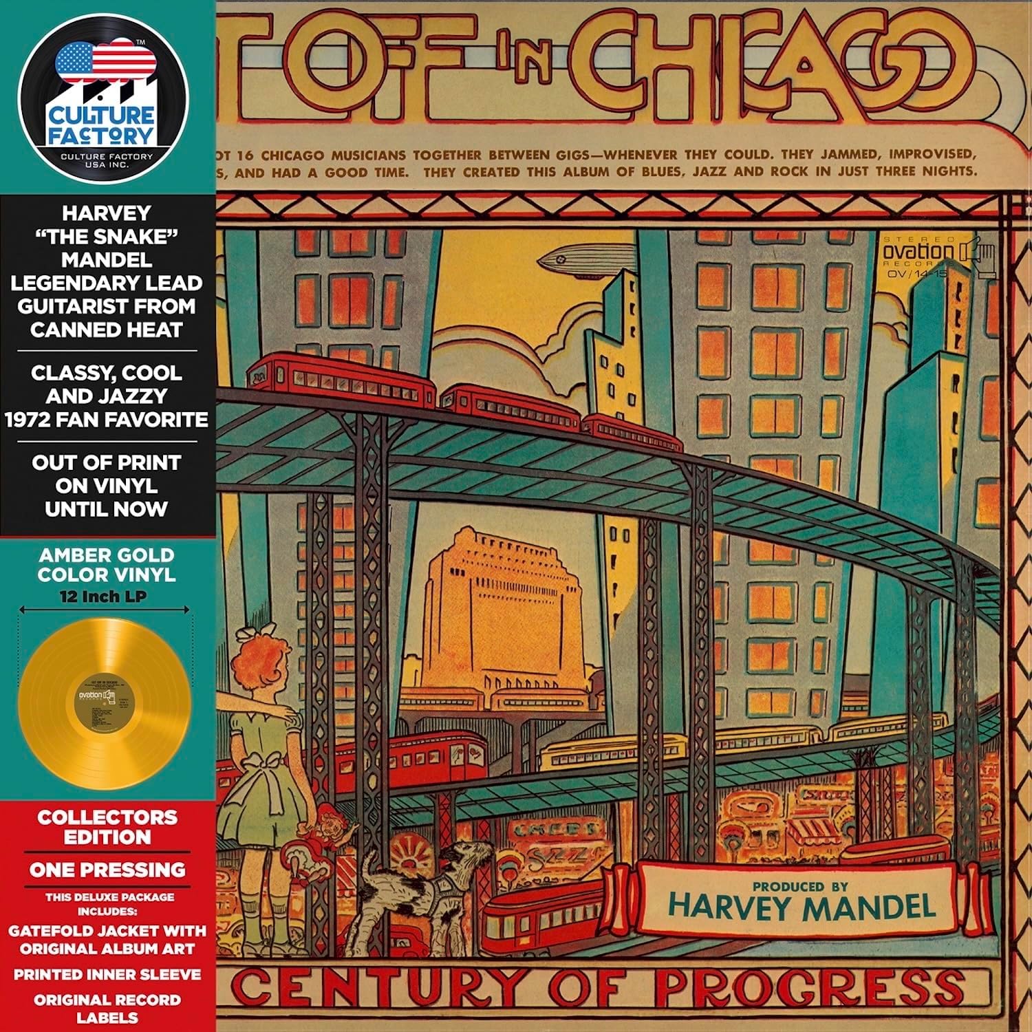 Harvey Mandel “Get Off In Chicago” amber vinyl record cover with cityscape.