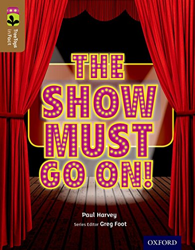 Book cover with red curtains and illuminated text: "The Show Must Go On!