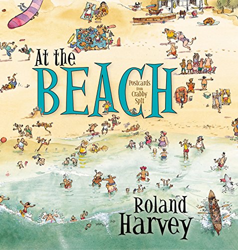 Beach scene illustration with many people swimming, sunbathing, and playing.