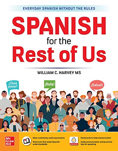 Book cover: “Spanish for the Rest of Us” with diverse illustrated people.