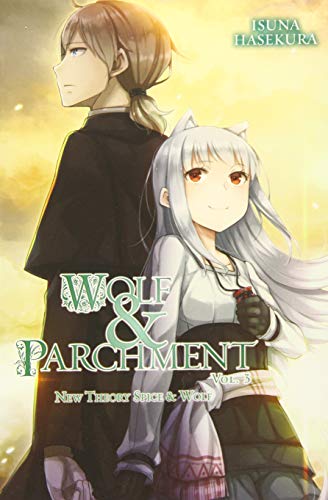 Novel cover featuring a man and wolf-girl with light novel title.