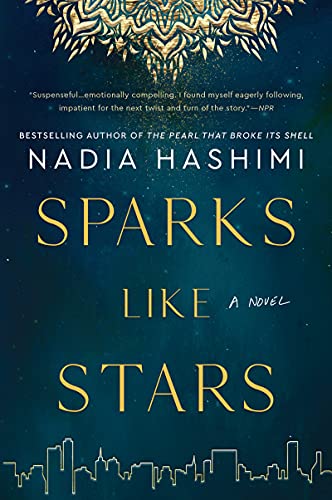 Book cover: dark blue with gold title "Sparks Like Stars" and city skyline.