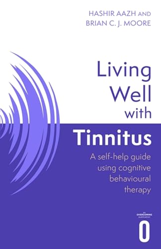 Book cover for Living Well with Tinnitus featuringL featuring purple sound wave graphics.