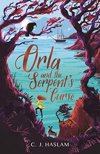 Book cover: girl with dog under trees, ocean, and a raven.