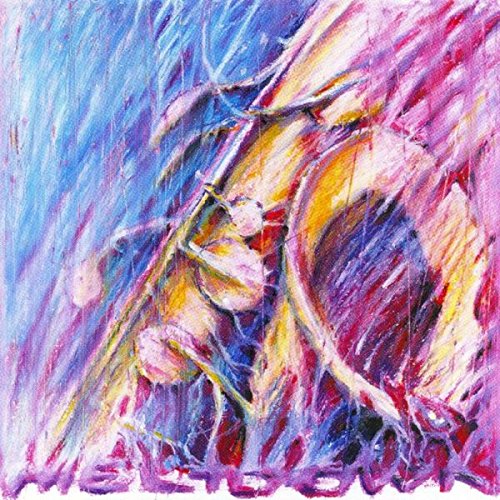 Abstract painting with swirling blues, pinks, and yellows; figure implied.