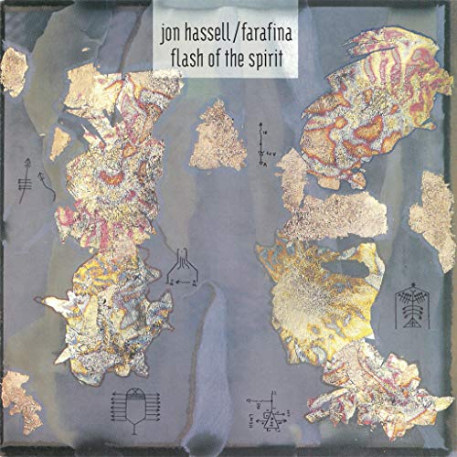 "CD cover with abstract map design and 'jon hassell/farafina flash of the spirit' text."