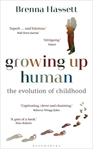 Book cover: "Growing Up Human" with footprints and a child’s silhouette.