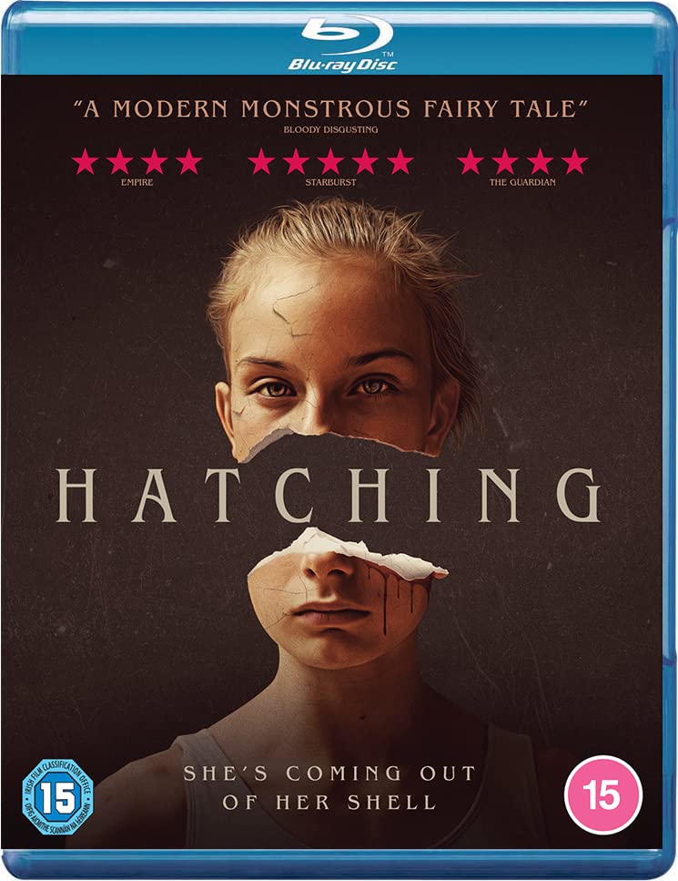 Hatching" Blu-ray cover featuring a girl with a cracked eggshell on her face.