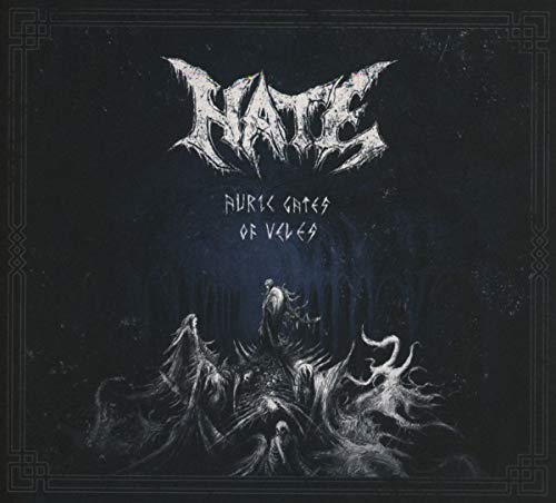 Dark album cover with white text and gothic illustration of figures in a crypt.