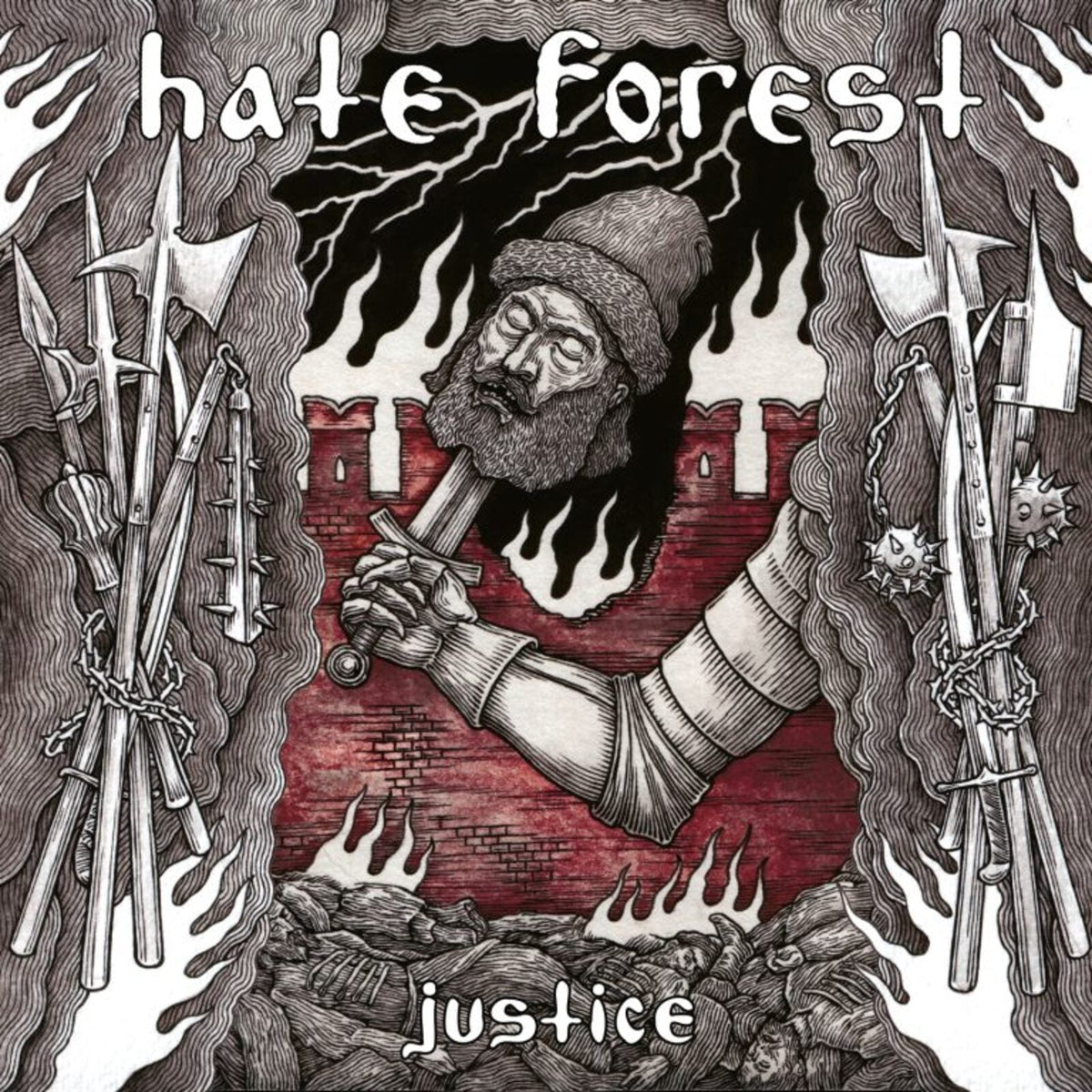 Illustration of a bearded figure holding an axe amidst flames and weapons.