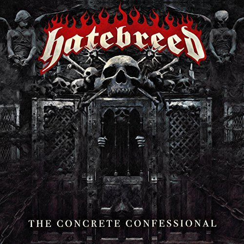 Hatebreed album cover: skulls, flames, and a confessional booth in grayscale.