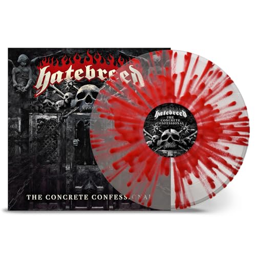 Hatebreed vinyl record, red and white swirl, with skull and flame imagery.