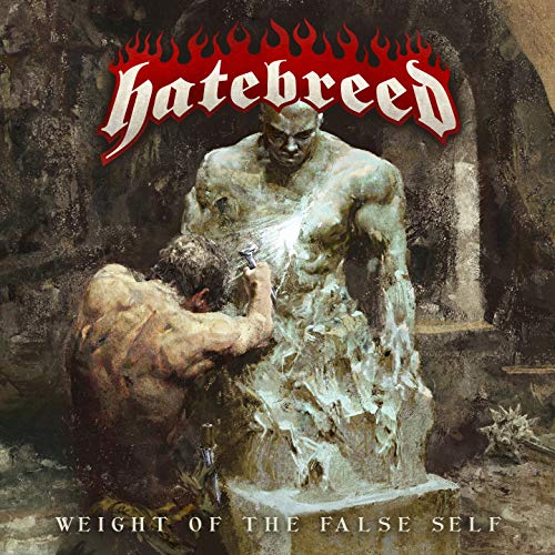 Hatebreed album cover: a sculptor chisels a stone figure, fiery background.