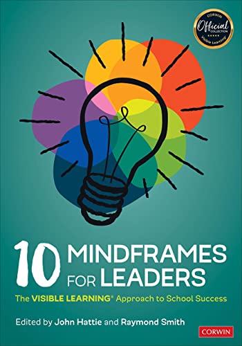 Book cover with a lightbulb illustration and bold text: "10 Mindframes for Leaders".