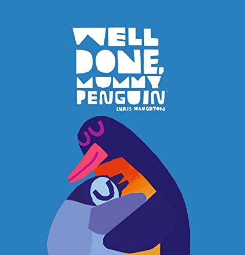 Stylized illustration of a mother penguin embracing a chick on a blue background.