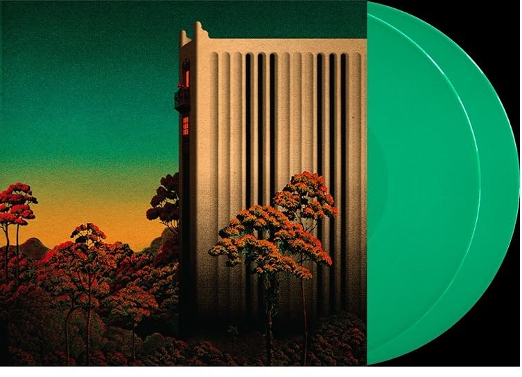 Vinyl record cover featuring a tall building amidst orange and green foliage.