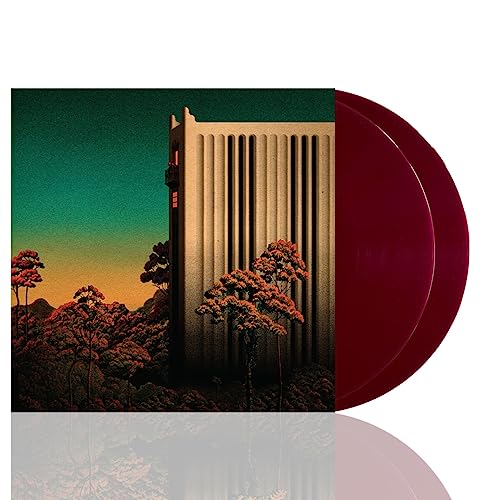 Red vinyl record with album art of a building amidst trees.