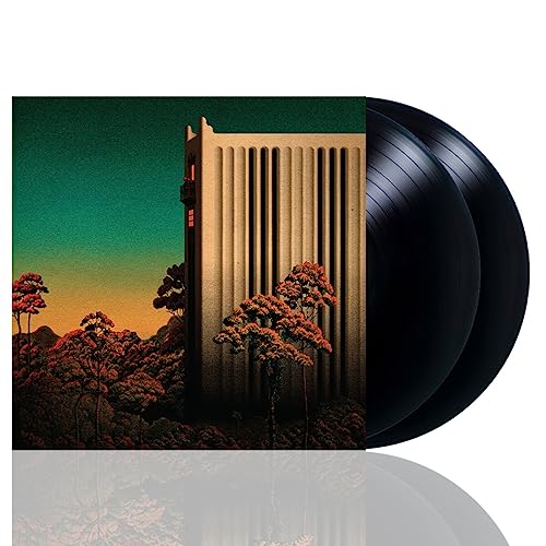 Vinyl record with cover art depicting a building amidst trees.