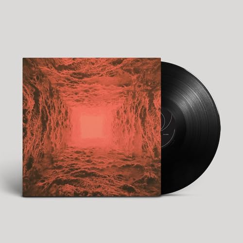 Red textured album cover with a black vinyl record beside it.
