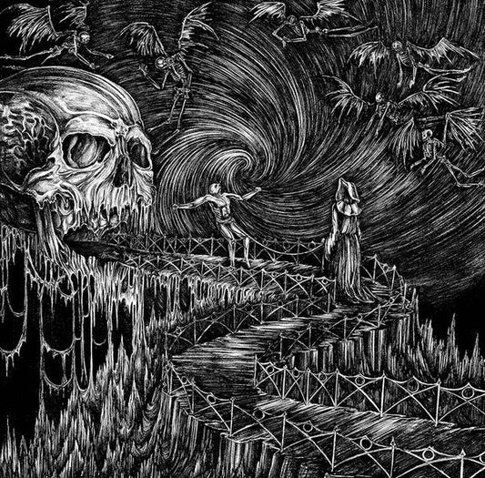 Black and white illustration of a skull, figures, and swirling lines.