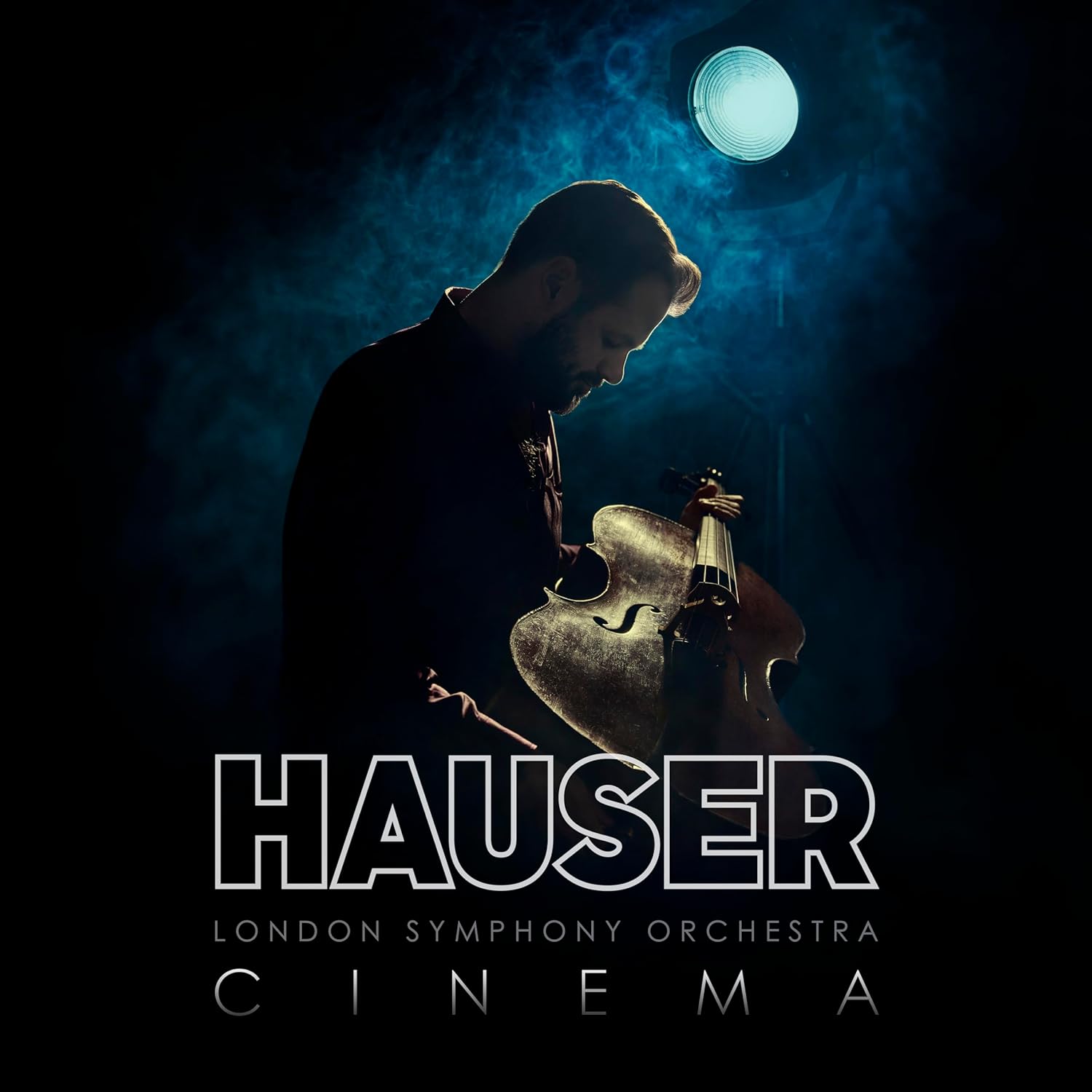 HAUSER album cover featuring a cellist with dramatic lighting, titled "CINEMA".