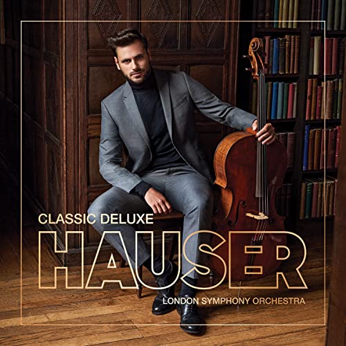 Hauser with cello, suit, and bookshelf background; album cover art.