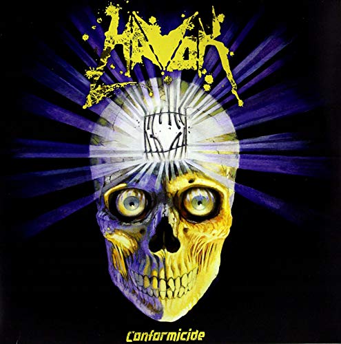 Havok album cover: skull with bandages, yellow and purple, radiating lines.