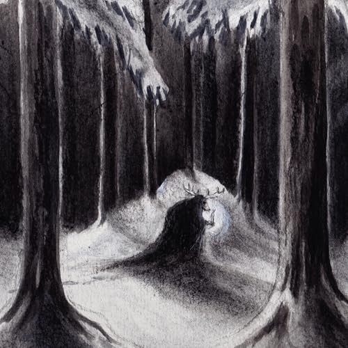 Black and white illustration of a stag in a snowy forest.