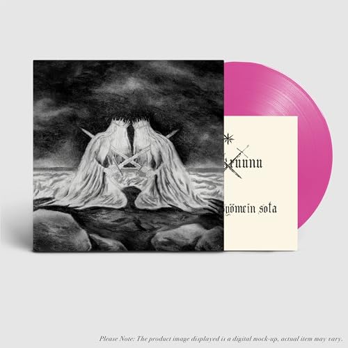 Vinyl record with black and white cover art of two robed figures and pink disc.