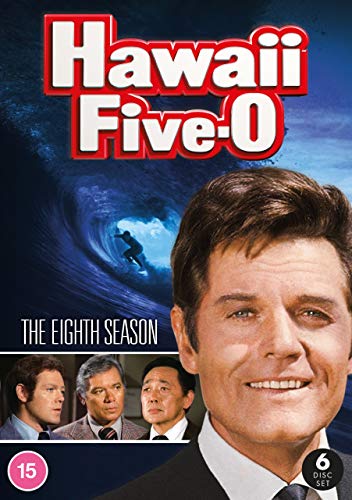 Hawaii Five-0" Season 8 DVD cover featuring cast members and a surfer.