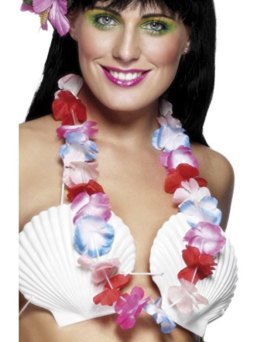 Woman wearing a colourful silk flower garland and seashell top.