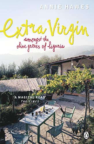Book cover: "Extra Virgin" with a Ligurian landscape and outdoor table.