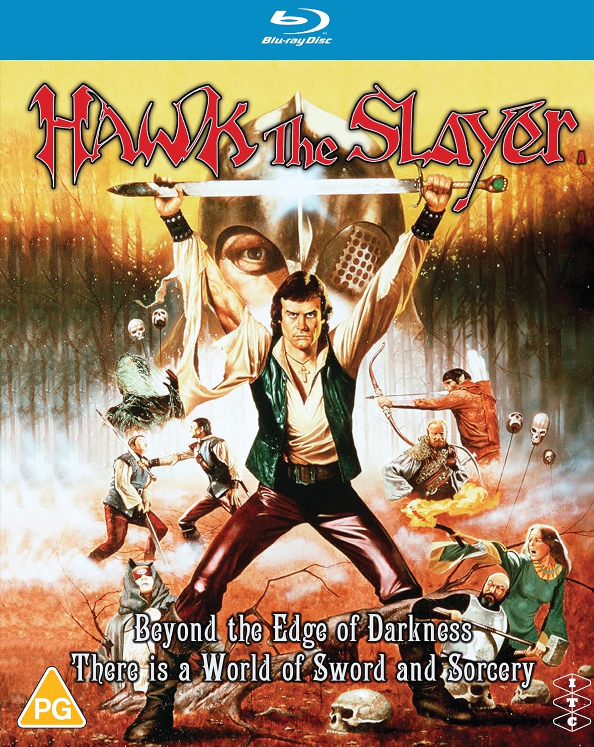 Blu-ray cover for "Hawk the Slayer" featuring a warrior with a sword.