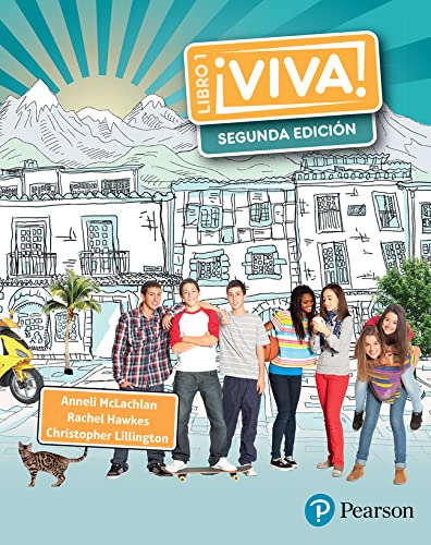 “Viva! 1” textbook cover with diverse students and a sketched cityscape.