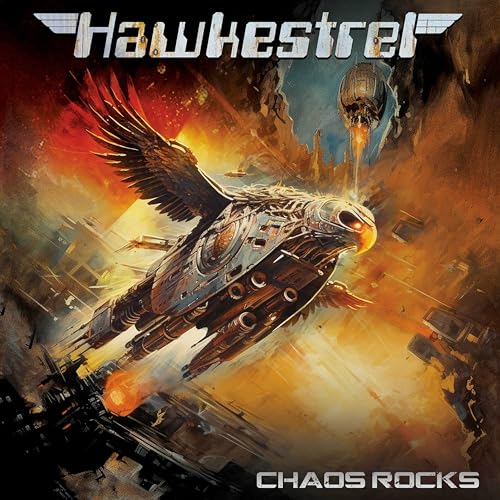 CD cover: robotic hawk flies over a fiery, ruined cityscape.