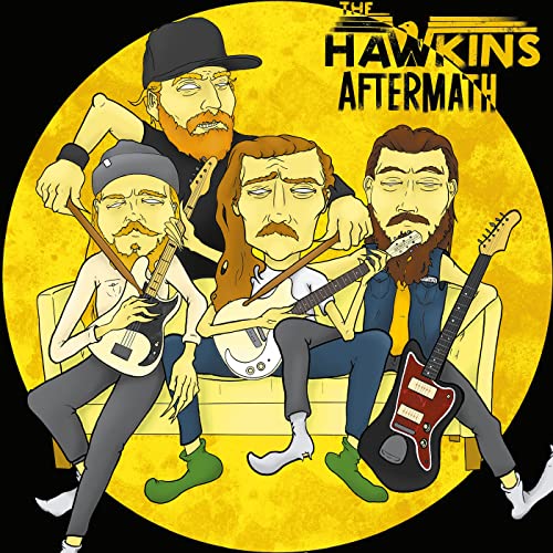 Cartoon of The Hawkins band members with guitars, against a yellow background.