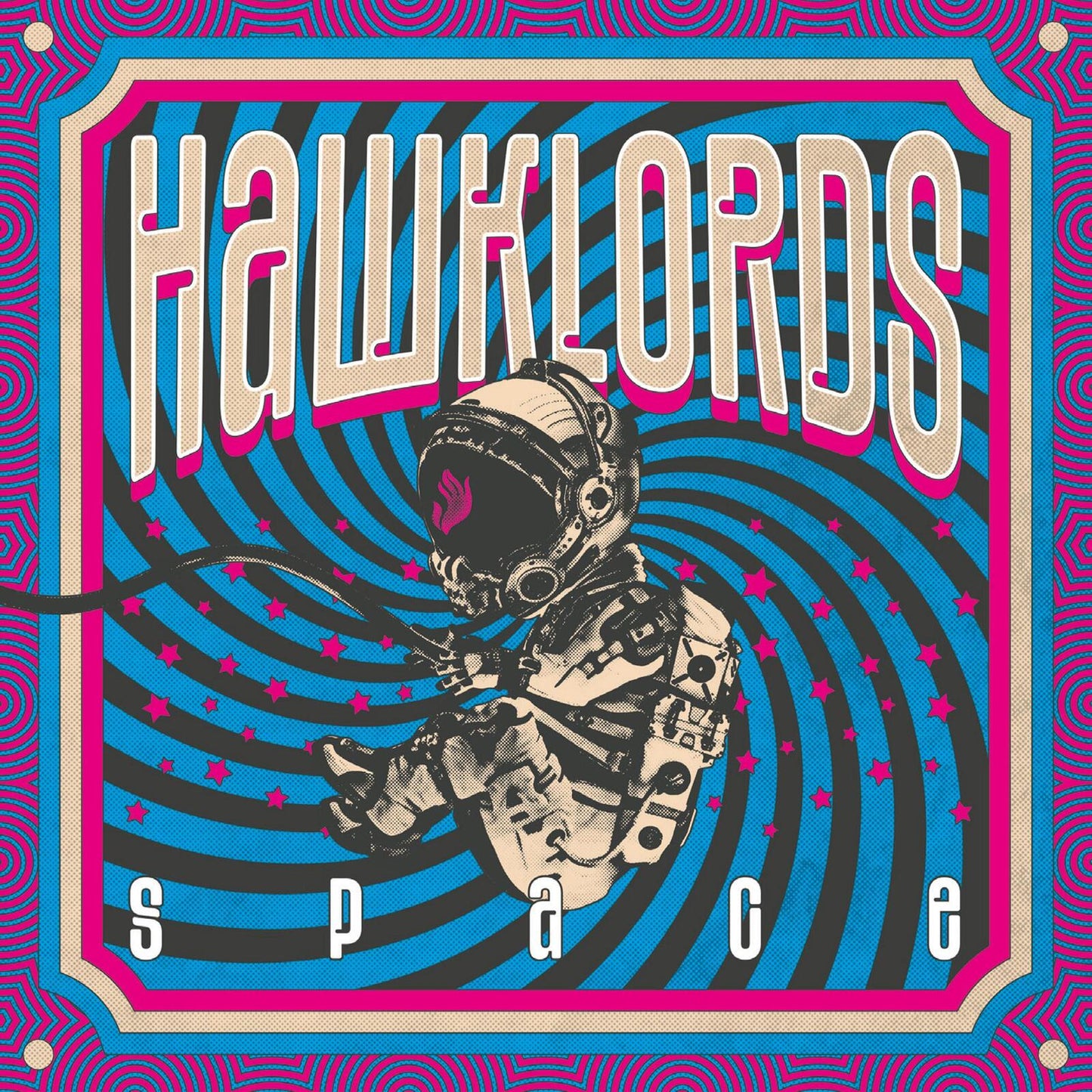 Hawklords “Space” album cover: astronaut in swirling, psychedelic pink and blue art.
