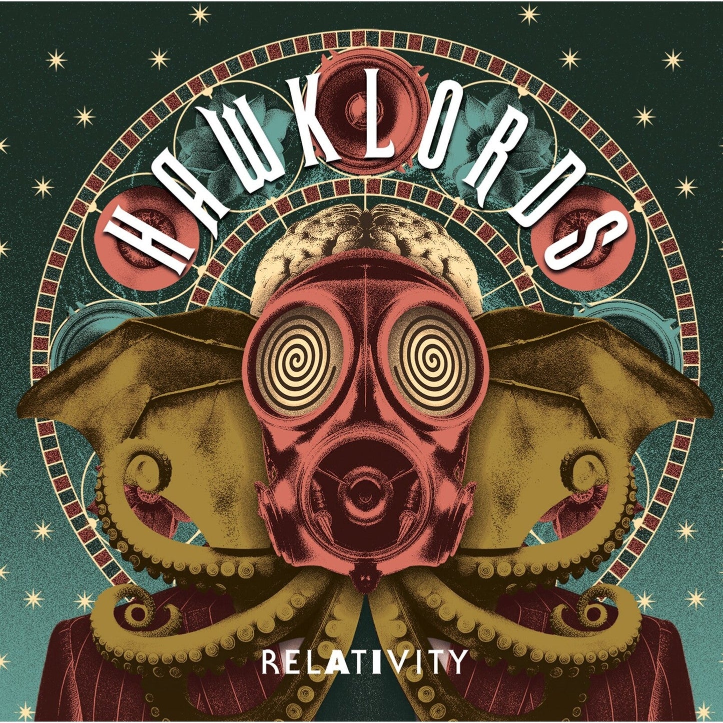 CD cover for Hawklords' "Relativity" featuring a surreal, masked face.