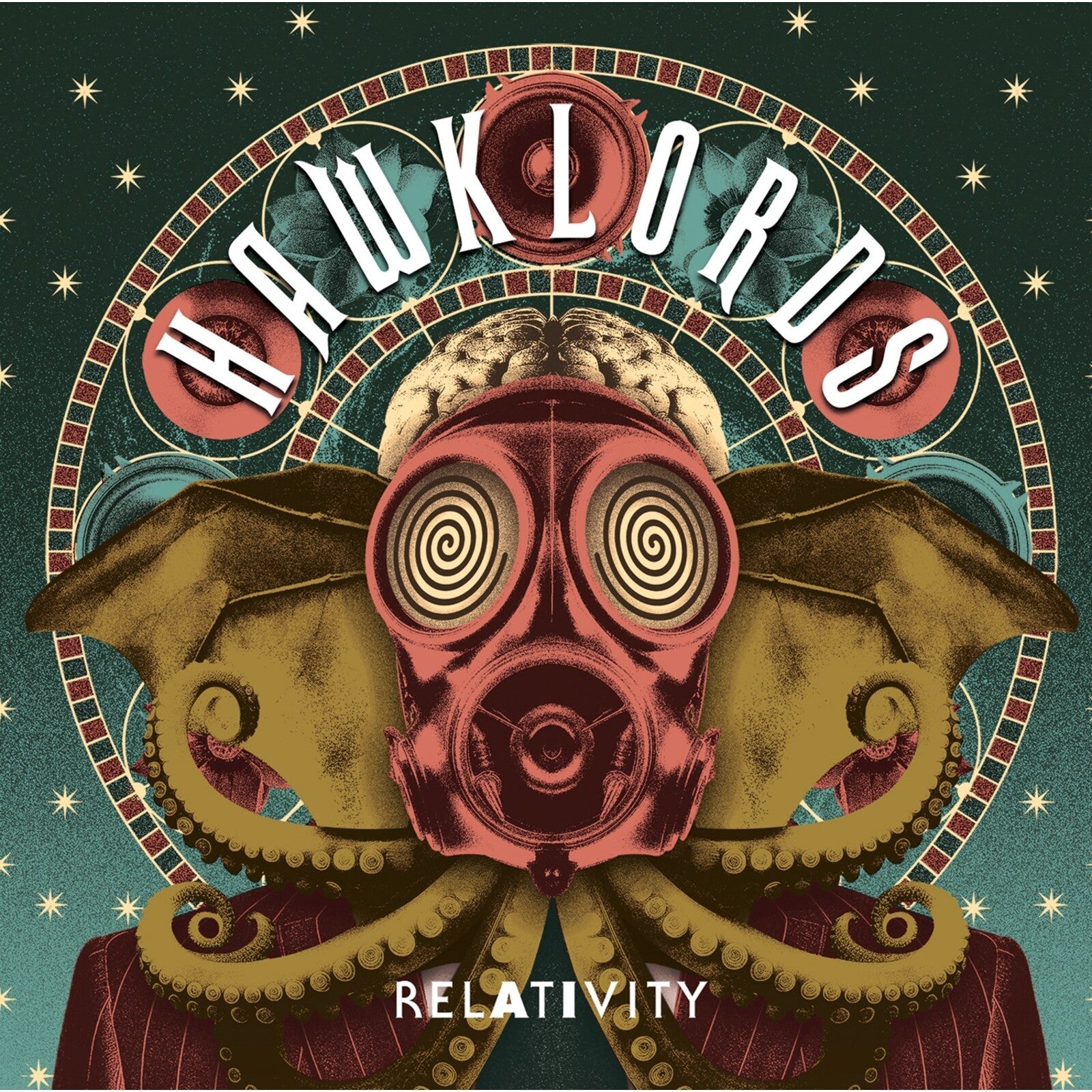 CD cover for Hawklords' "Relativity" featuring a surreal, masked face.