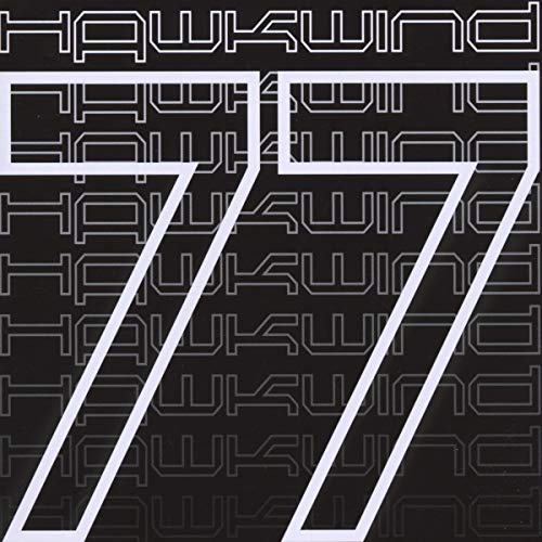 Album cover with large white number 77 over repeating Hawkwind text on black background.