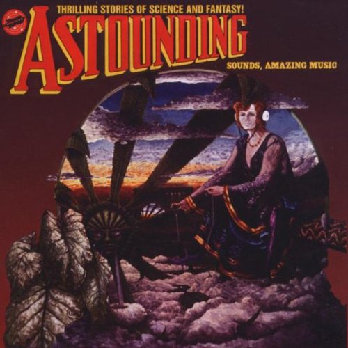 "Album cover art: woman sitting by a windmill, red background, 'Astounding' title."