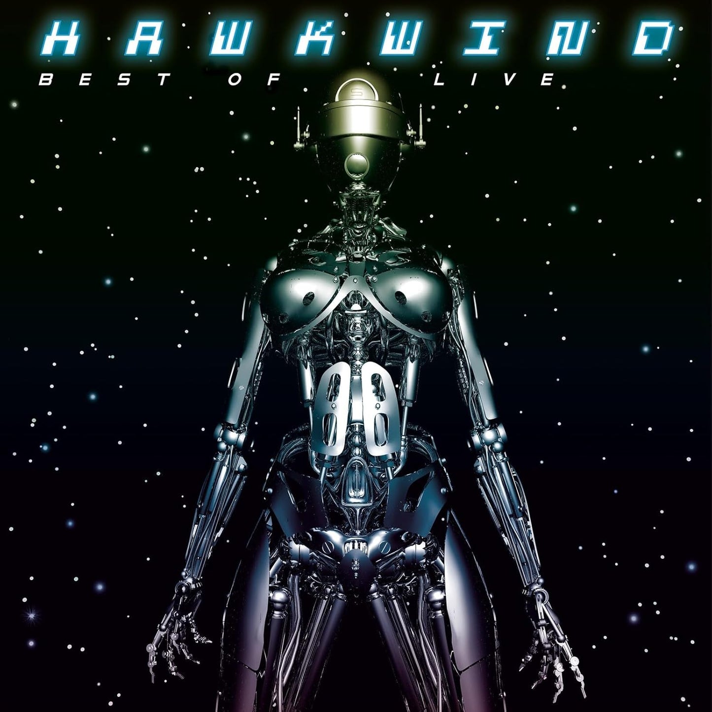A chrome cyborg figure stands against a dark, starry space background with Hawkwind branding.