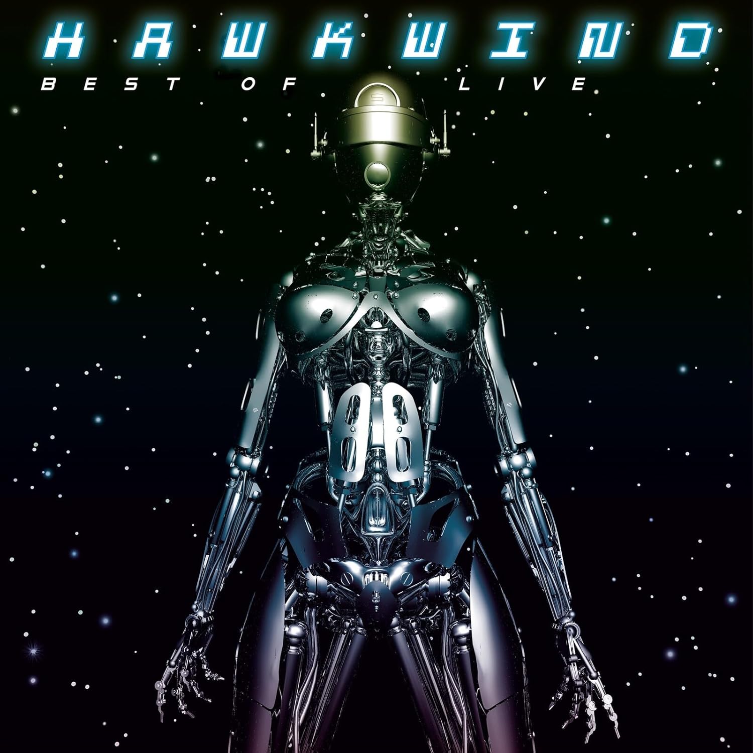 A chrome cyborg figure stands against a dark, starry space background with Hawkwind branding.