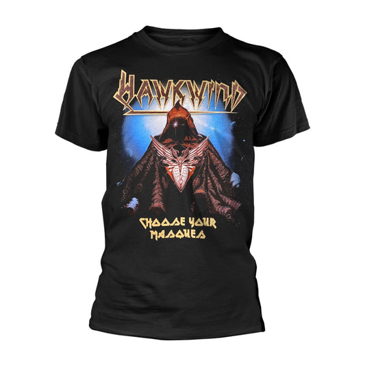 Black t-shirt with Hawkwind album art: a hooded figure in space.