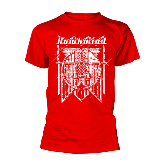 Red t-shirt with white Hawkwind band logo and geometric design.