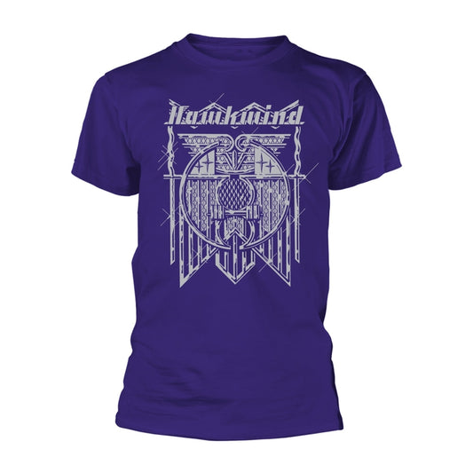 Purple t-shirt with white graphic of band name "Hawkwind" and design.