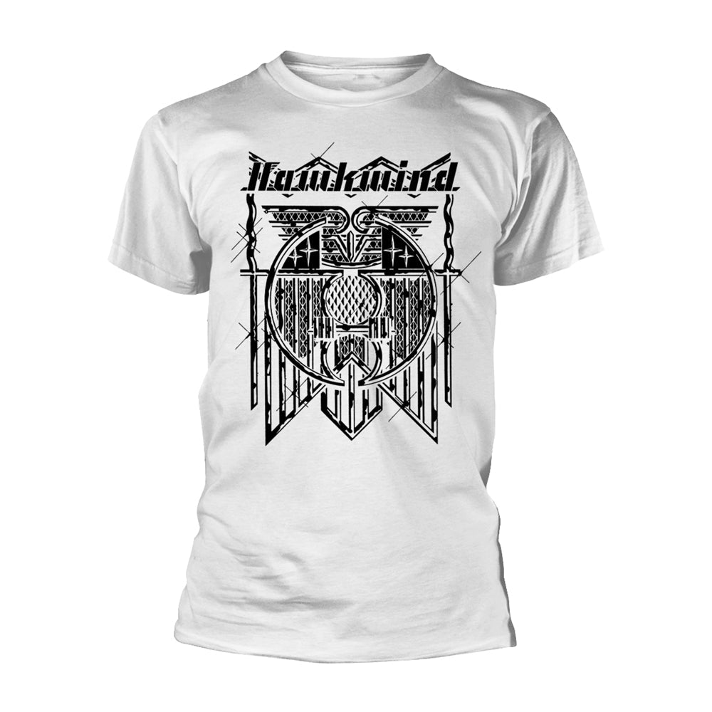 White t-shirt with black graphic of the Hawkwind "Doremi" album art.