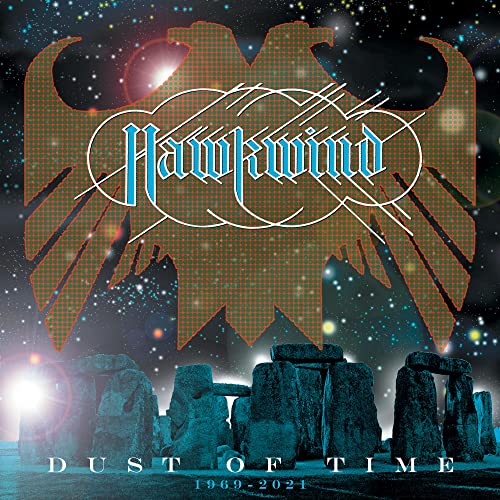 Hawkwind album cover: stonehenge, hawk logo, and a starry, cosmic background.