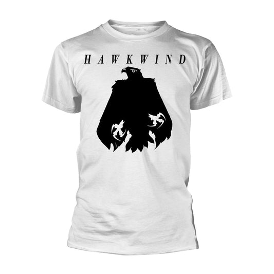 White t-shirt with a black eagle graphic and "HAWKWIND" text.